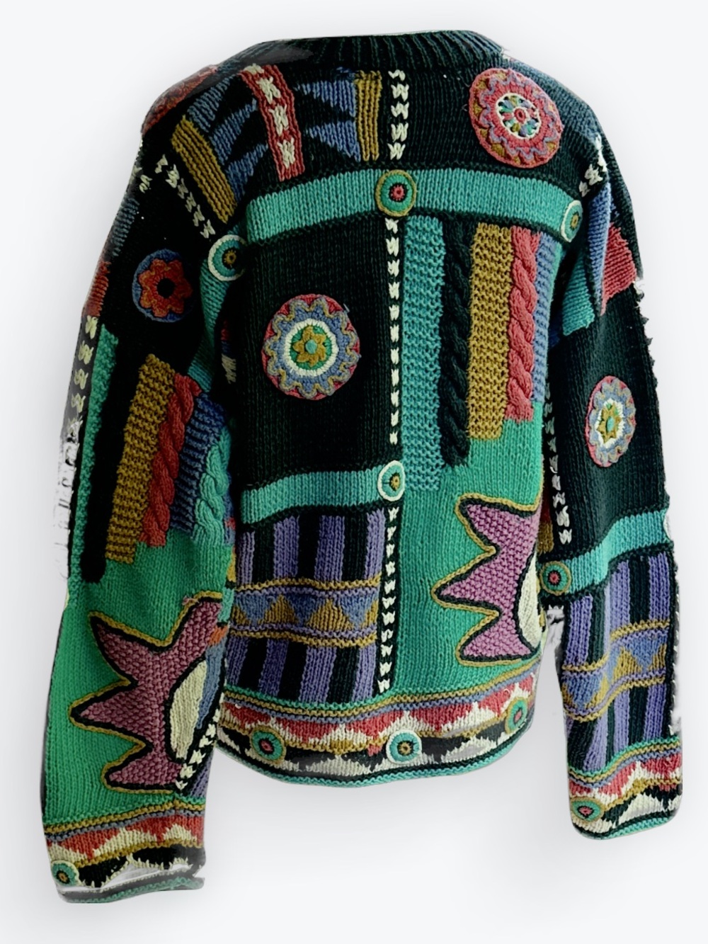 Hand-Knit Patchwork 80s 90s Bold Graphic Quirky Maximalist Oversized Sweater ~ M - Picture 4 of 17